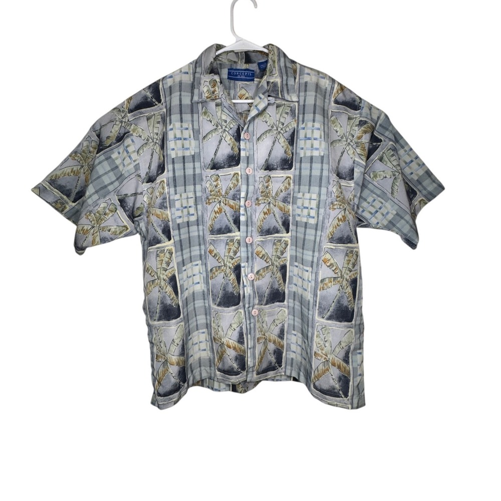 Concepts Short Sleeve Button Up‎ Shirt Mens Medium Blue Tropical Palm Tree Plaid